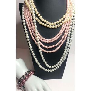 1315 Long Necklace & bracelet 6pc lot faux pearl demure layering White pinkcream